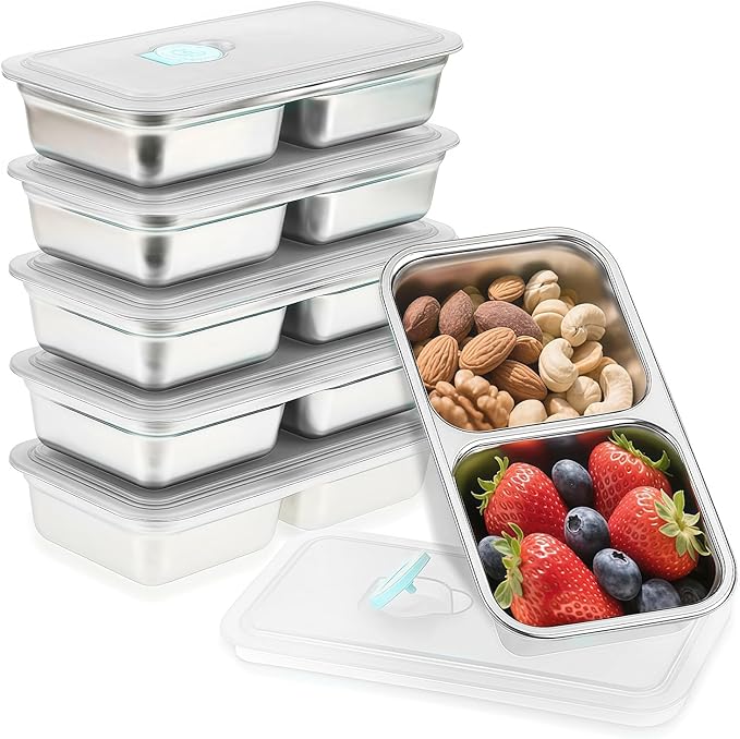 6Pcs 304 Stainless Steel Snack Containers, 2 Compartments Portable Food Storage Bento Boxes with Lids, Divided Meal Prep Lunch Box Food Container Dishwasher Safe