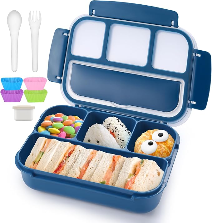 QQKO Bento Box Adult Lunch Box, Lunch Containers for Adults Men Women, Kids Lunch Boxes for School with 4 Compartments, Sauce Container, Utensils and Muffin Cups, Navy