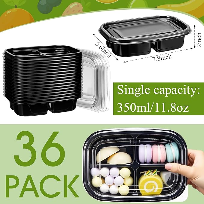 Chunful 36 Pcs 4 Compartment Black Snack Containers with Lids Disposable Bento Box Plastic Food Meal Prep Containers for Condiment Salad Dipping School Work Lunch