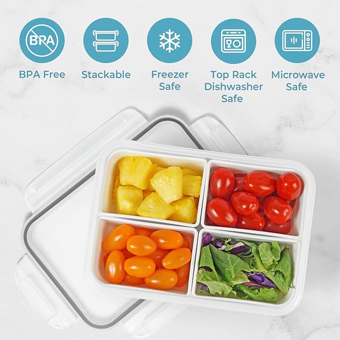 carrotez Food Storage Container with 4 Removable Compartments, Food Prep Container with Airtight Lids, Portion Control Container, Reusable, BPA Free, 6.3 Cup (1500ml)
