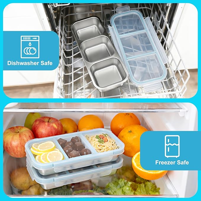 2Pack Stainless Steel Snack Containers, 3 Compartment Snackle Box Leakproof, Metal Bento Box with Airtight Lids, Reusable Food Storage Container for Lunch Travel Picnics Office