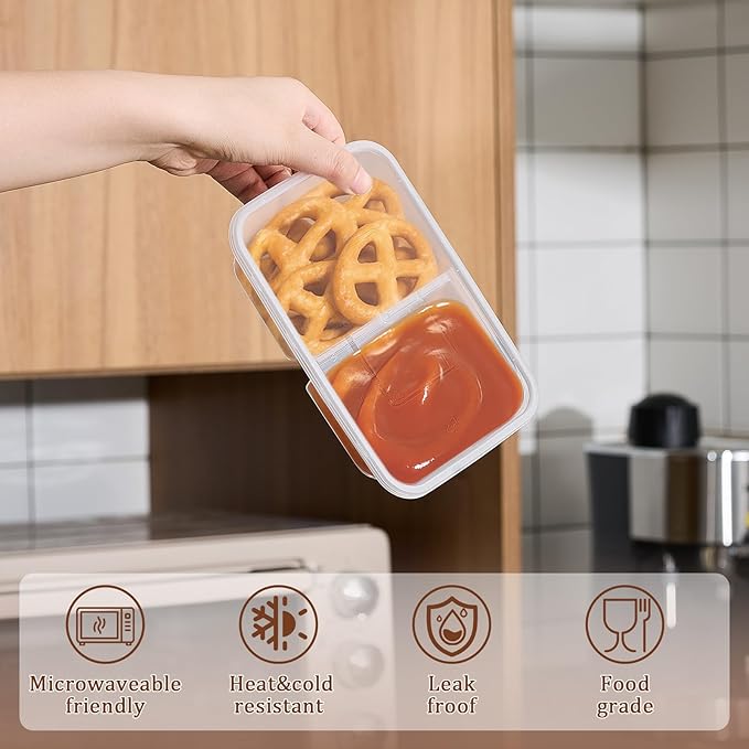 Nuogo 100 Pcs Reusable Snack Pack Containers with Lids, 16 oz Large 2 Compartment Condiment Plastic Snack Box Containers for Kids Adults Home Travel Outdoor School Use