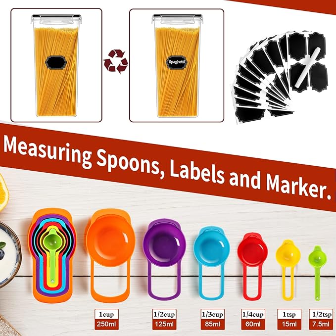 PRAKI 30 Pack Airtight Food Storage Containers for Kitchen Pantry Organizers and Storage, Plastic Kitchen Storage Canisters with Lids,Cereal, Flour & Sugar Containers - Labels, 6 Spoon & Marker