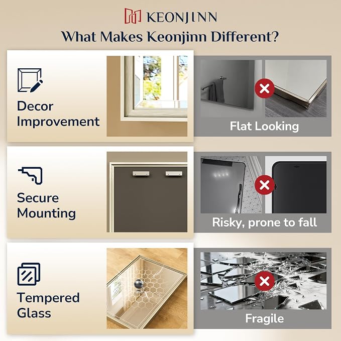 Keonjinn Brushed Nickel Bathroom Mirror 24" x 36", Sculpted Wide Frame - Image 5