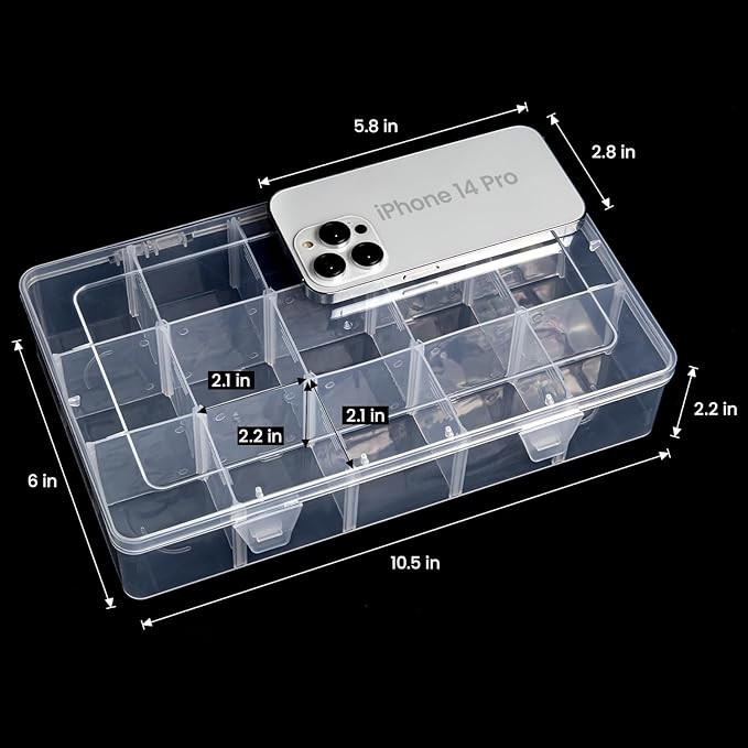 Gospire 2PCS 15 Large Grids Clear Plastic Jewelry Box Organizer Storage Container with Removable Dividers