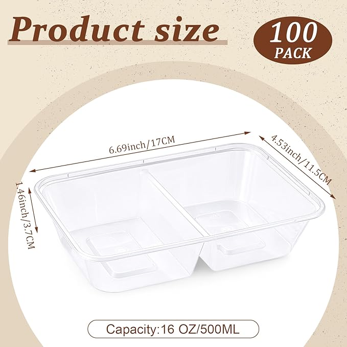 Nuogo 100 Pcs Reusable Snack Pack Containers with Lids, 16 oz Large 2 Compartment Condiment Plastic Snack Box Containers for Kids Adults Home Travel Outdoor School Use