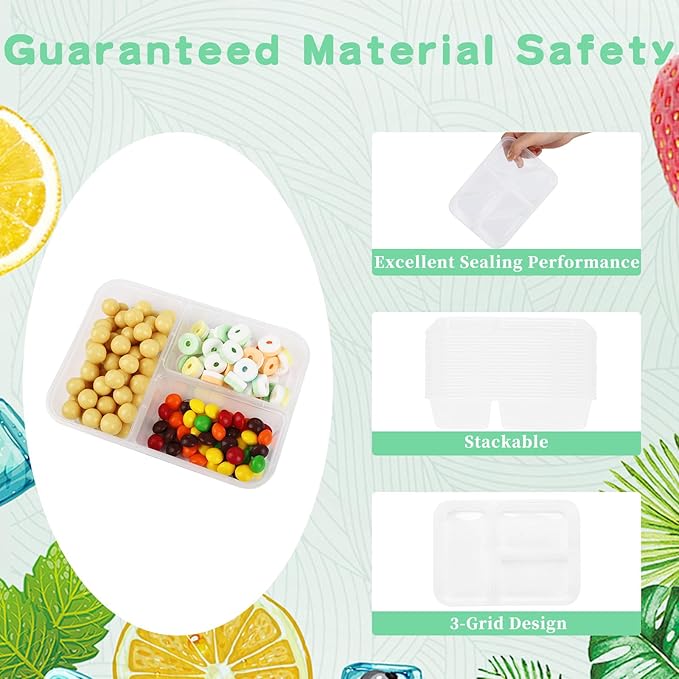 50 Pack 16 oz Clear Snack Containers with Lids, 3 Compartment Plastic Bento Boxes for Lunch, Travel, Work, Sauce, Dip, Condiments