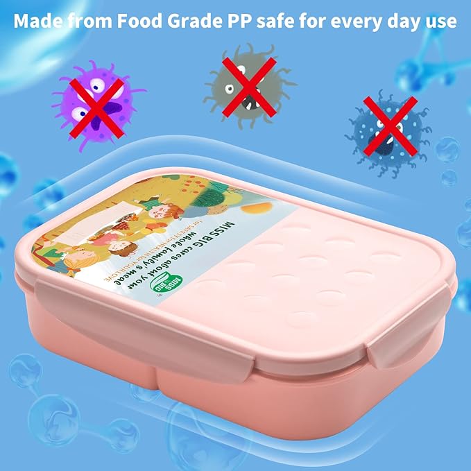MISS BIG® Bento Box for Kids,Bento Box & Lunch Box,Leakproof, No BPAs/Chemical Dyes,M/W, D/W & Fridge Safe,1150ml Large Lunch Box for School, Picnic, Travel (Pink)