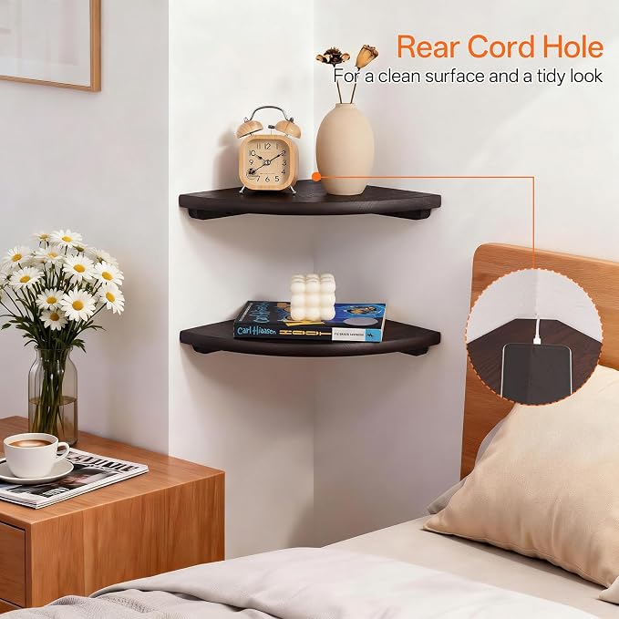 Gieanoo Floating Corner Shelves Set 2 12inch Walnut Solid Oak Rounded Corner - Image 5