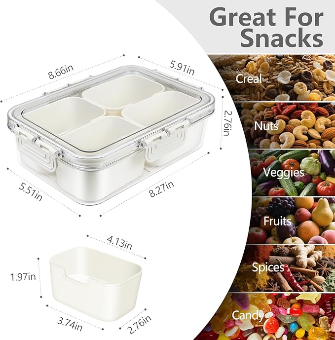 Small Snackle Box Container, Divided Serving Tray with Lid, 4 Compartment Snack Box Container for Candy, Fruits, Charcuterie, Travel & Parties, BPA-Free, 2 Pack (Hand Wash Only)