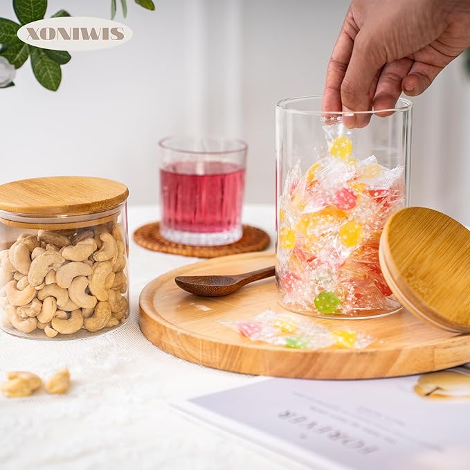 20oz 6PCS Round Airtight Glass Food Storage Jars, Clear Glass Food Container with Bamboo Lid, Stackable Spice Jar, Small Kitchen Storage for Sugar, Tea, Coffee bean, Pasta, Oat, Spice