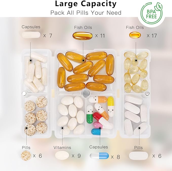 FYY Daily Pill Organizer, 7 Compartments Portable Pill Case Travel Pill Organizer,[Folding Design] Pill Box for Purse Pocket to Hold Vitamins,Cod Liver Oil,Supplements and Medication-Clear
