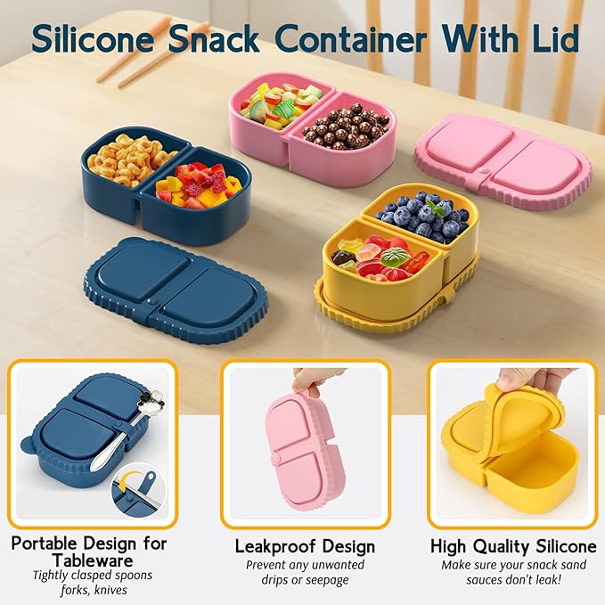 ICEROYCE 3 Pack Reusable Silicone Snack Containers with Lids, 2 Compartment Leakproof Food Storage Containers, BPA-Free Portable Snack Boxes for Lunch, School, Adults