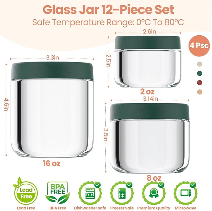 12Pack Overnight Oats Containers with Lids, 16oz, 8oz & 4oz Glass Jars with Airtight Lids, Wide mouth Mason Salad jars, Glass Food Storage Containers for Yogurt Chia Pudding Snacks Cereal & Spices
