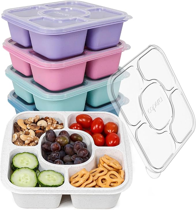 Caperci 5-Pack Lunchable Container Set for Kids & Adults - Reusable Bento Snack Box Containers with 5-Compartment for Food Storage & Meal Prep, Wheat Straw, BPA-Free (Dark & Clear Lids)
