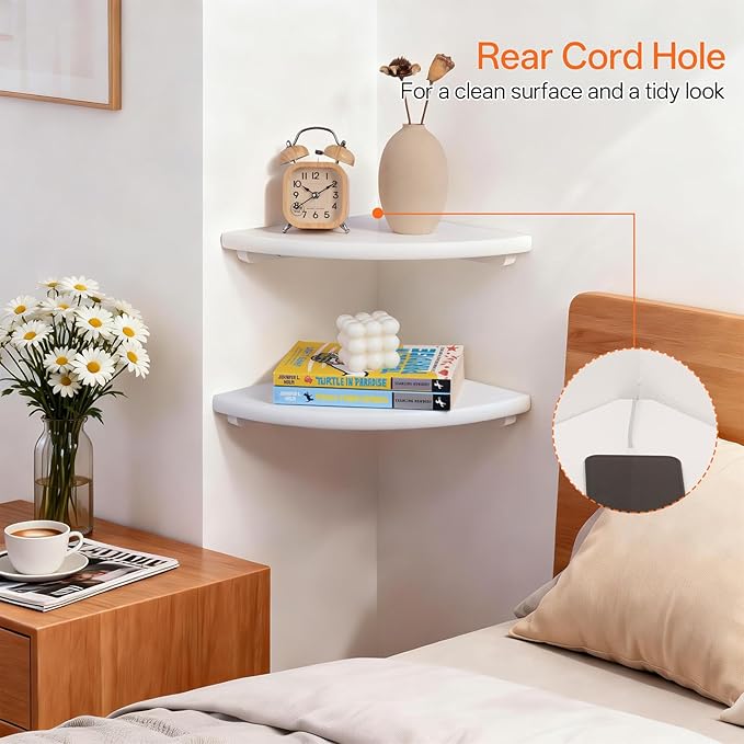 Gieanoo Floating Corner Shelves Set 2 16inch White Solid Oak Rounded Corner - Image 4