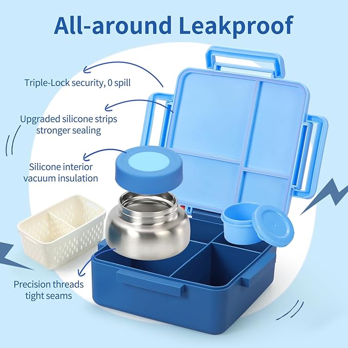 Bento Box for Kids with Thermos, [Large Capacity] Kids Lunch Box Containers with 4 Compartment for Ages 3+, Drop-Proof & Dishwasher Safe Food Container Blue