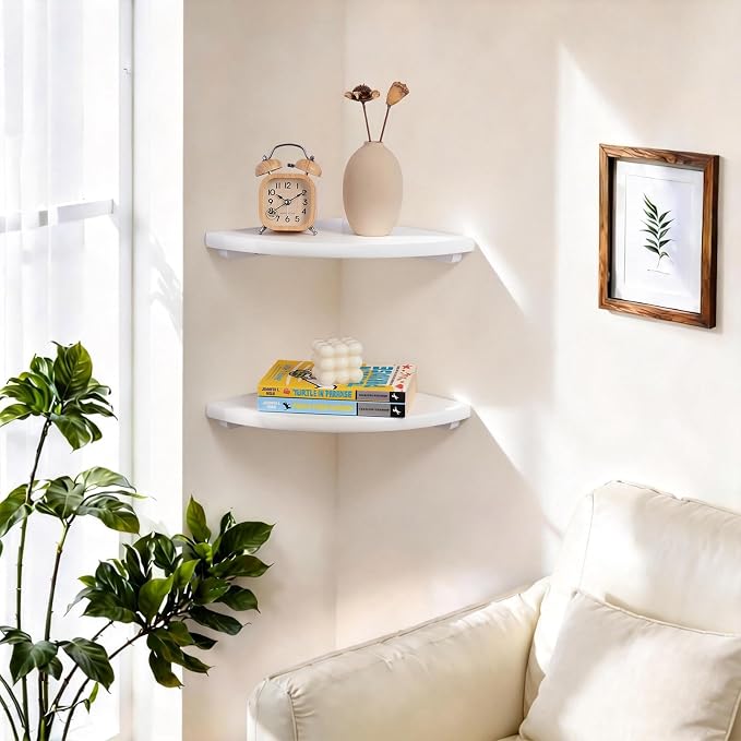 Gieanoo Floating Corner Shelves Set 2 16inch White Solid Oak Rounded Corner - Image 2