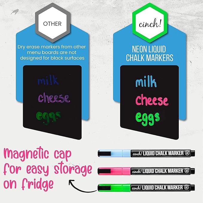 Cinch! 16x12-Inch Chalkboard Weekly Menu - Magnetic Meal Planner Board for Refrigerator - Reusable Black Menu Board with 3 Neon Liquid Chalk Markers - Weekly Food Planner for Kitchen Organization