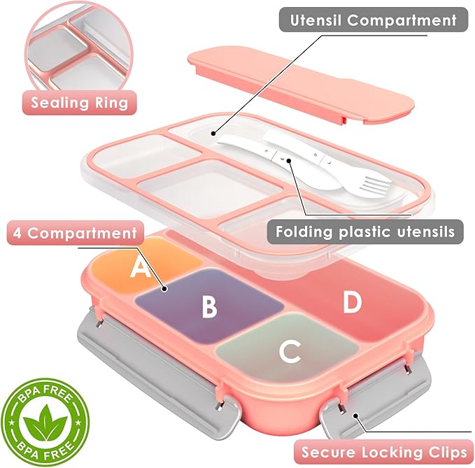 WHALEHOUSE Bento Lunch Box, 1000ML 4 Compartments Meal Prep Container with Utensil, Airtight Food Storage Container with Snap Locking Lids, Microwave/Dishwasher/Freezer Safe, On the Go