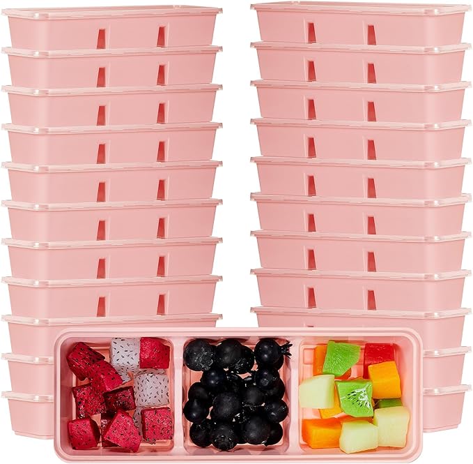 Hushee 25 Pack 17 oz Small Meal Prep Containers with 3 Compartments Snack Containers with Lid Disposable Plastic Bento Box Travel Lunch Food Boxes Stackable for Office Picnic (Pink)