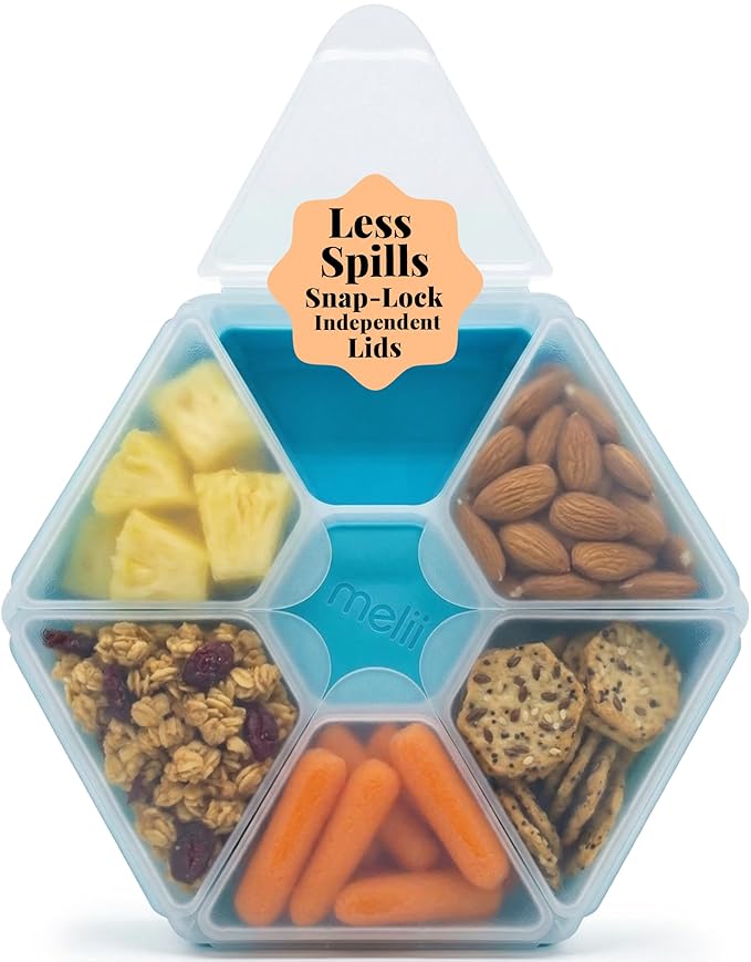 melii Hexagonal Snackle Box | 6 Compartment Snack Container with Individual Snap-Lock Lids, Easy-Grip Design for Kids & Adults, Portion-Control Food Storage for Lunch, Travel & On-the-Go (Blue)
