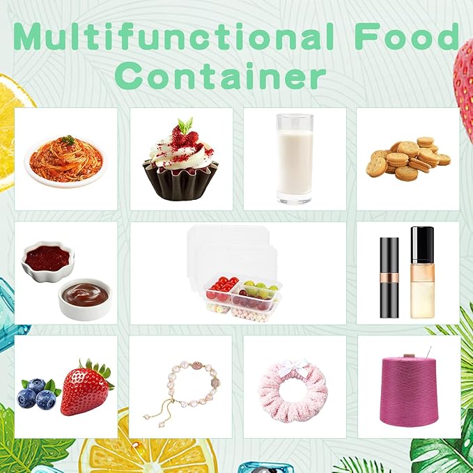 50 Pack 16 oz Clear Snack Containers with Lids, 3 Compartment Plastic Bento Boxes for Lunch, Travel, Work, Sauce, Dip, Condiments