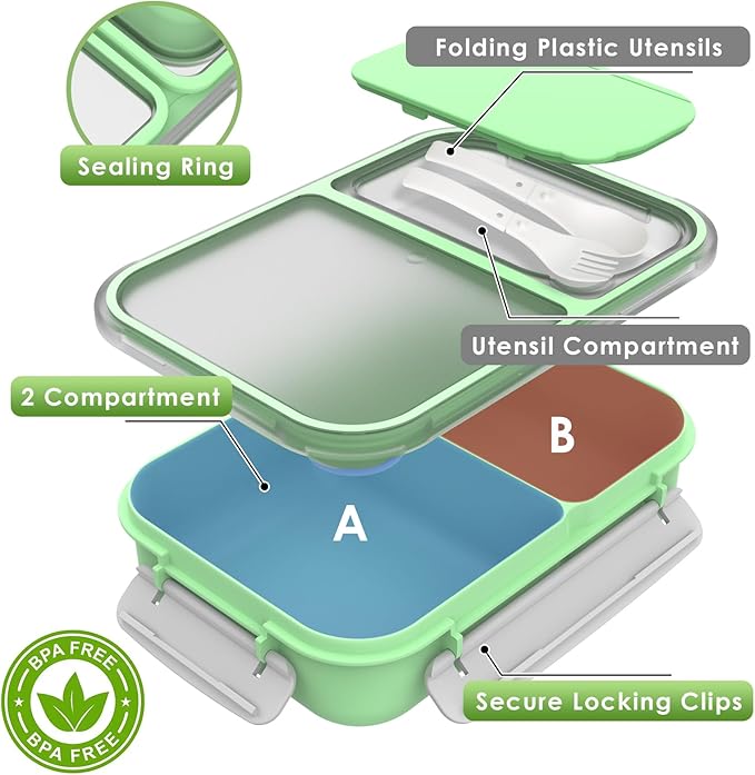 WHALEHOUSE Large Capacity Bento Lunch Box for Adult, 1600ML 2 Compartments Meal Prep Container with Utensil, Airtight Food Storage Container with Snap Locking Lids, Microwave/Dishwasher/Freezer Safe