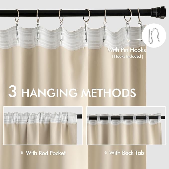 MIULEE Cream Beige Back Tab Light Blocking Curtains 132 Inch Length 2 Panels Set - Image 3