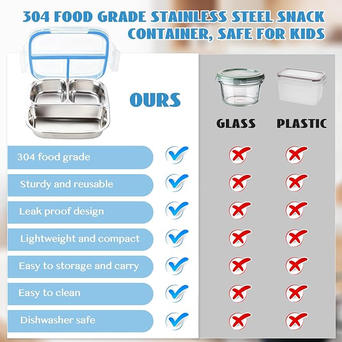 Stainless Steel Snack Containers, 3 Compartments Reusable on and go Bento Box with Lids for Kids, Lunch Box Pre Meal Storage for School Office Outdoor Camping Travel - Blue