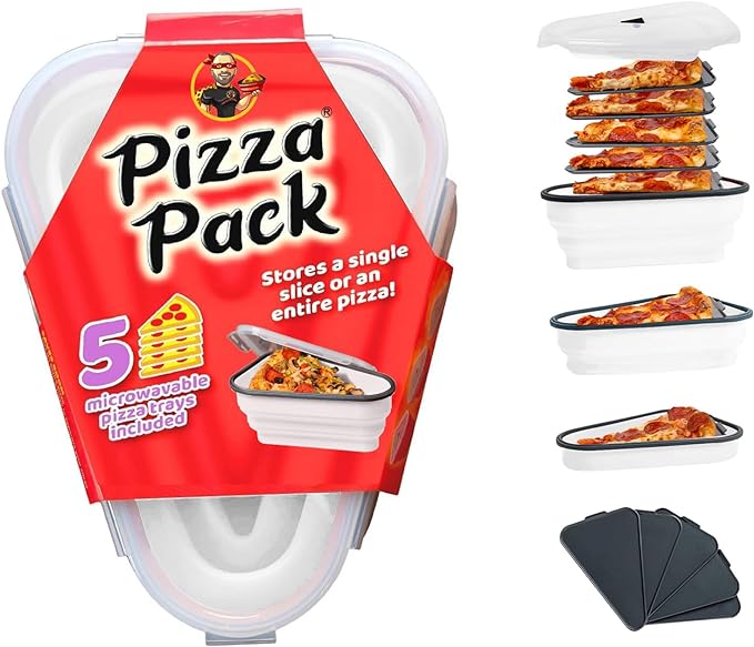 The Perfect Pizza Pack™ - Reusable Pizza Storage Container with 5 Microwavable Serving Trays - BPA-Free Adjustable Pizza Slice Container to Organize & Save Space, White
