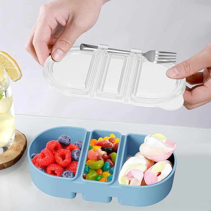 Silicone Snack Containers 3 Compartments Reusable Snackle Box with Lids Pack Portable Food Storage for Picnic Lunch Office Gym School BPA-Free & Dishwasher Safe (Pink/Blue/Green)