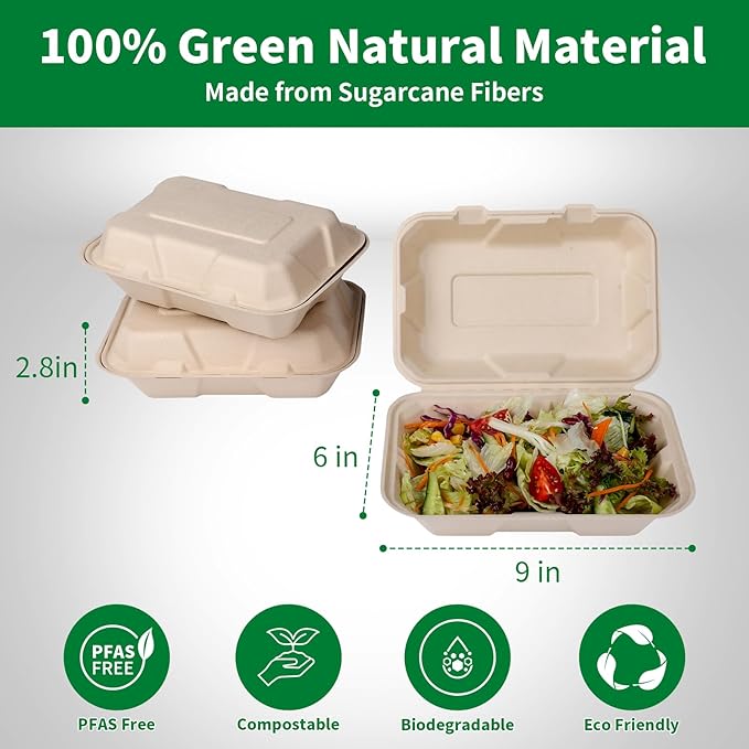 Aricsen Compostable 100 Pack 9x6 Inch Takeout Lunch Box Containers with Lid To Go Take Out Clamshell for Food, Disposable Eco-Friendly Biodegradable Bagasse, PFAS-Free, Brown