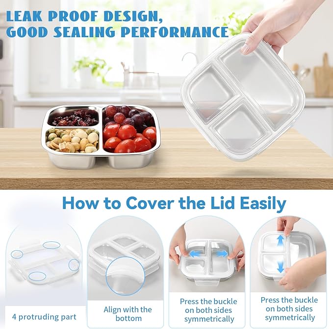 Stainless Steel Snack Containers for Kids, 3 Compartments Reusable on the go Bento Box with Lids, Lunch Box Pre Meal Storage for School Office Outdoor Camping Travel - White