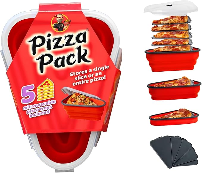 The Perfect Pizza Pack™ - Reusable Pizza Storage Container with 5 Microwavable Serving Trays - BPA-Free Adjustable Pizza Slice Container to Organize & Save Space, Red
