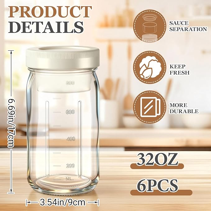 6 Pack 32oz Glass Salad Jars with 2 Dressing Cups & Leak Proof Lids - Meal Prep Containers for Lunch, Wet Dry Separation Container for Work Office Picnic, Overnight Oats(Apricot White)