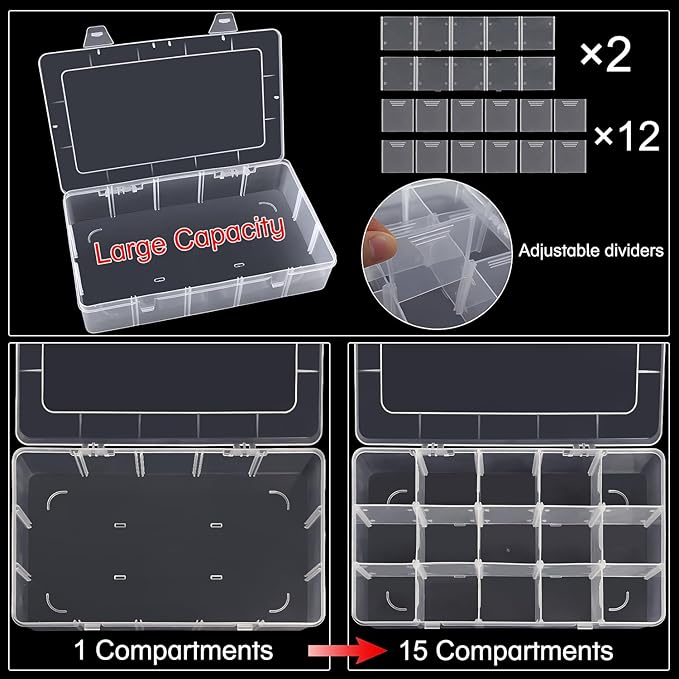 DUOFIRE Plastic Organizer Container Storage Box Adjustable Divider Removable Grid Compartment for Jewelry Beads Earring Container Tool Fishing Hook Small Accessories（Large 15 Grids，White）