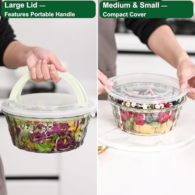 Taiuloo 3-Piece Salad Bowls with Lids, BPA Free Plastic Meal Prep Containers To Go for Lunch, Kitchen Food Storage & Serving Bowls for Salad, Snack, Fruit, Veggie, Green