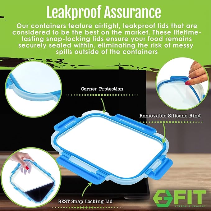 FIT Strong & Healthy Glass Meal Prep Containers, 2 & 3 Compartments - Portion Control, Lunch Container Set, Food Storage, Airtight Lids, Oven & Freezer Safe, Leak-Proof Bento Box, 32 oz, Blue, 4 Pack
