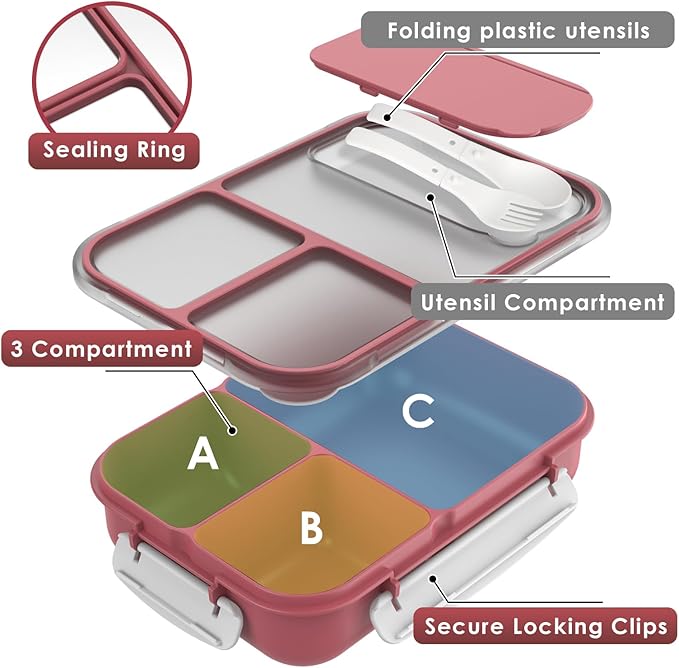 WHALEHOUSE Large Capacity Bento Box for Adult, 1700ML 3 Compartments Lunch Box with Utensil, Airtight Food Container with Lids for Meal Prep, Microwave/Dishwasher/Freezer Safe, On the Go (Red)