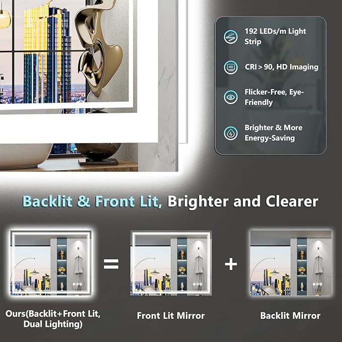 40x28 LED Bathroom Mirror with Lights, Backlit and Front Lit Anti-Fog Lighted - Image 3