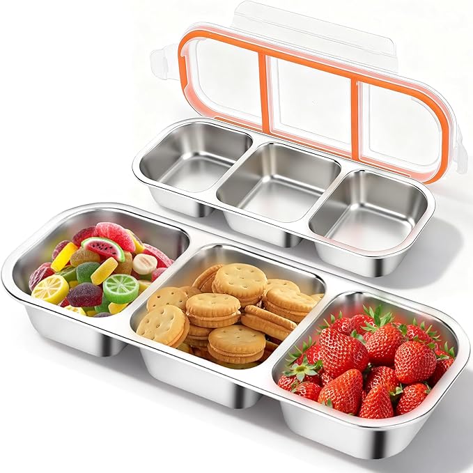 2Pack Reusable Stainless Steel Snack Containers with Leakproof Lids 3 Compartment, Stackable Metal Food Storage Lunch Boxes for Adults, Meal Prep, Travel, Office