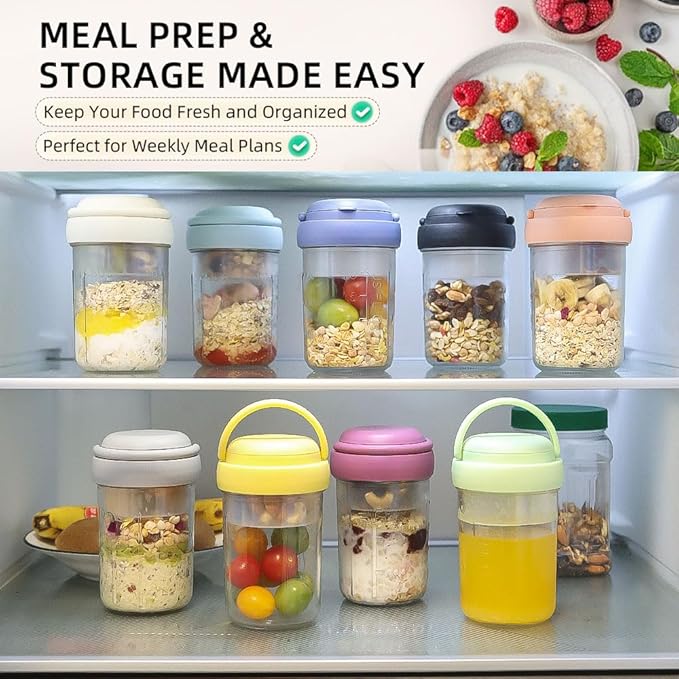 4 Pack Overnight Oats Containers with Lids and Handles, Folding Spoons & Divided Compartments for Fruit & Nuts, 16oz Glass Mason Jars for Oatmeal Yogurt Container with lids (Blue/Cream/Yellow/Green)