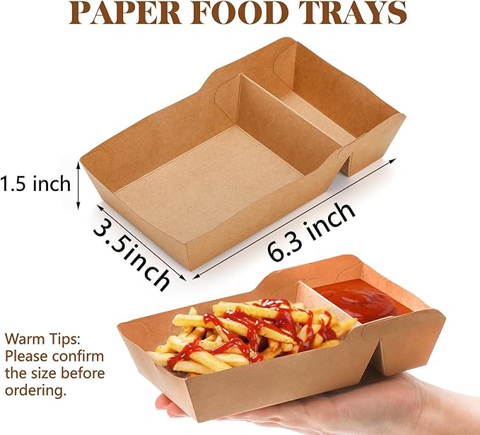 SOUJOY 100 Pack Food Serving Tray, 2 Compartment Disposable Kraft Nacho Boat Tray, Grease Resistant Heavy Duty Paperboard, Take Out Fast Food Snack Holder Container for Party