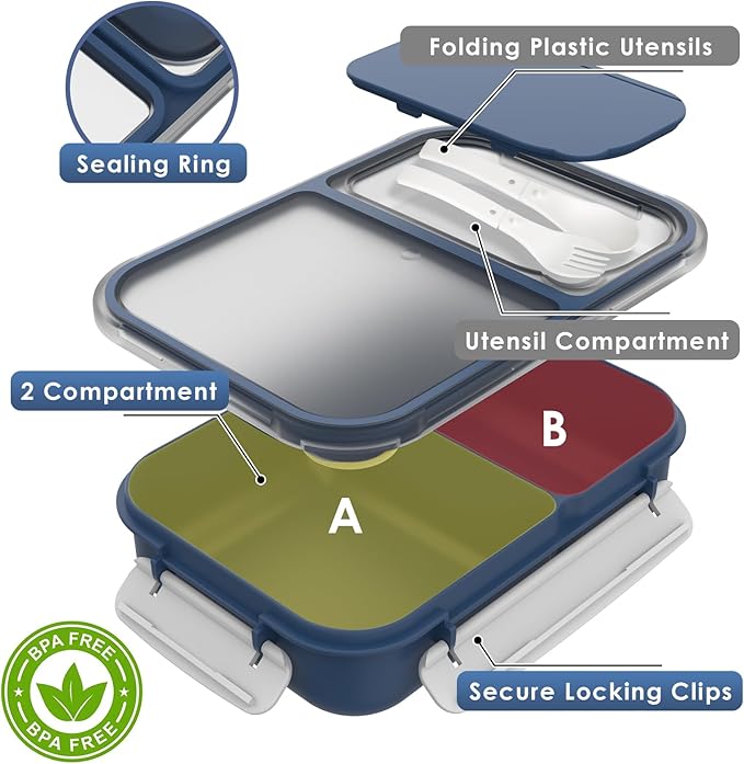 WHALEHOUSE Large Capacity Bento Lunch Box for Adult, 1600ML 2 Compartments Meal Prep Container with Utensil, Airtight Food Storage Container with Snap Locking Lids, Microwave/Dishwasher/Freezer Safe