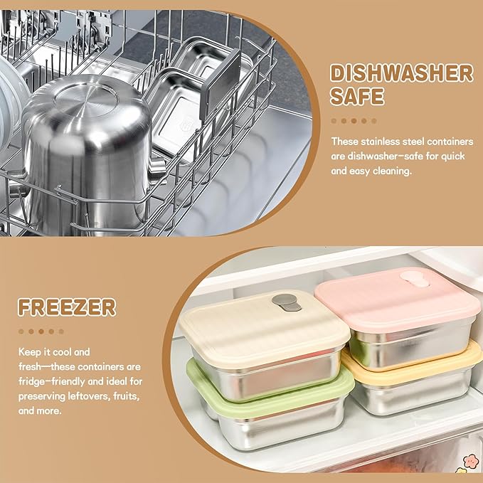 CLWVPCOT 4 Pack Sandwich Containers, 20oz Reusable Stainless Steel Food Storage Containers with Lids, BPA-Free, Dishwasher Safe, Meal Prep Lunch Box for Snacks & Fruits (Yellow, Green)