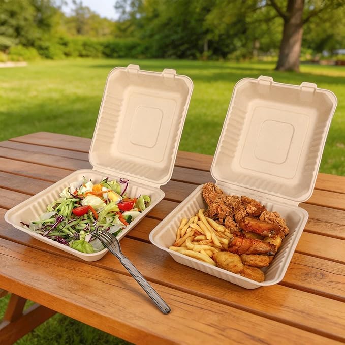 Aricsen Compostable 50 Pack 8×9 Inch Takeout Lunch Box Containers with Lid To Go Take Out Clamshell for Food, Disposable Eco-Friendly Biodegradable Bagasse, PFAS-Free, Brown