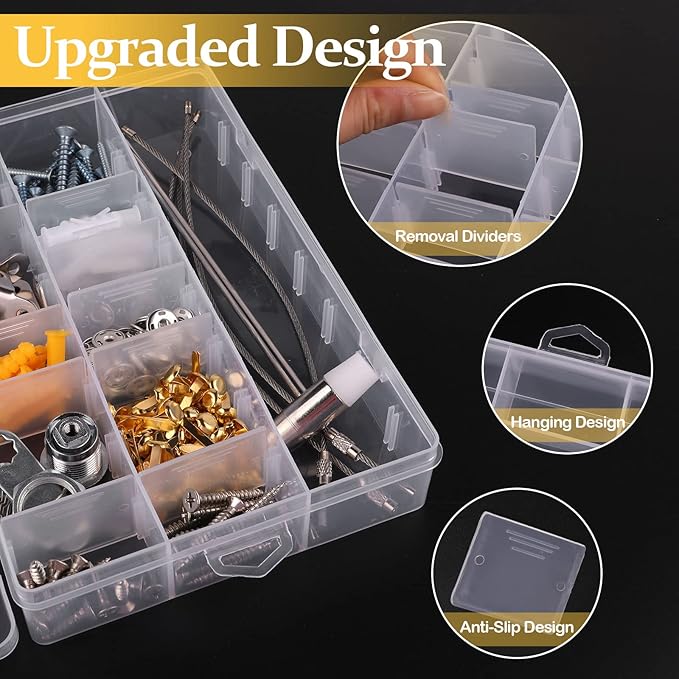 2 Pack 24 Grids Clear Plastic Organizer Box, Storage Container with Adjustable Divider, Craft and Bead Storage Organizer Box for DIY Jewelry Tackles with 2 Sheets Label Stickers