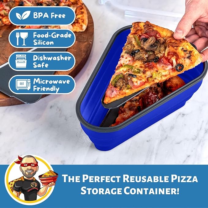 PIZZA PACK The Perfect Reusable Pizza Storage Container with 5 Microwavable Serving Trays - BPA-Free Adjustable Pizza Slice Container to Organize & Save Space, 3 Pack, Blue