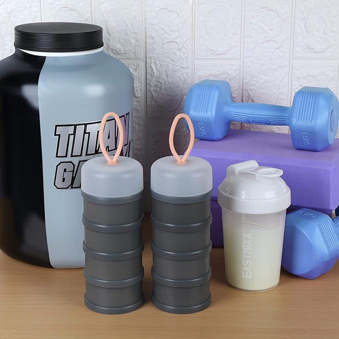 Accmor 2 Pcs Protein Powder Container to Go with Funnels Stand, 4 Compartments Stackable Protein Powder Dispenser for Workout, Fitness, Travel